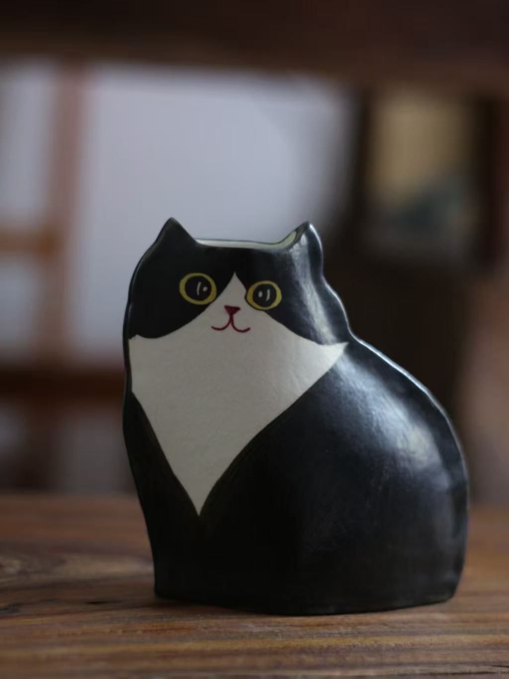 Handmade Ceramic Cat Vase | Vintage Brushstroke Design, Cat Lover Gift
