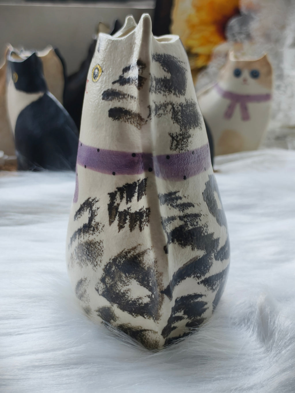 Handmade Ceramic Cat Vase| Cute Chubby Cat Vase, Cat Lover Gift - Grey Tabby