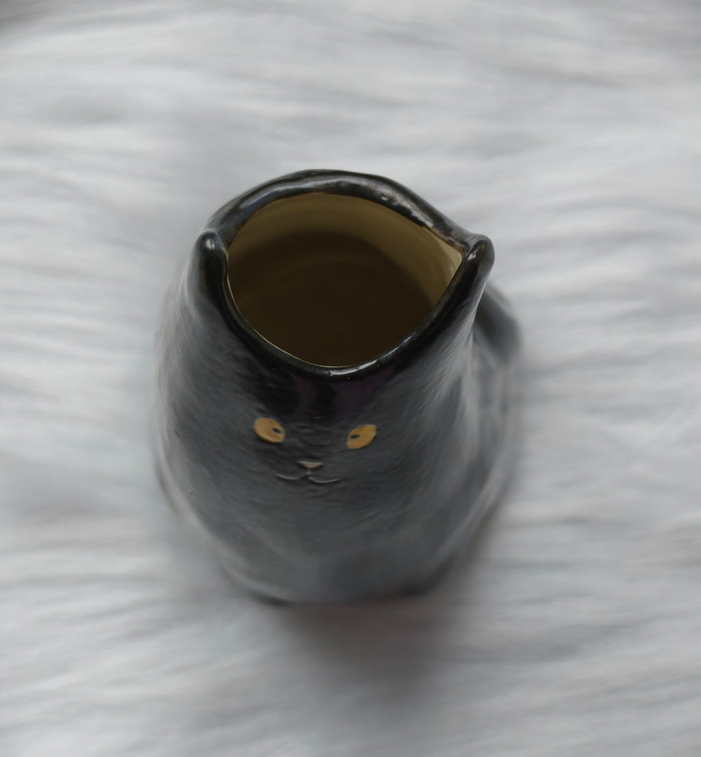 Handmade Ceramic Cat Vase | Tall Flower Vase, Cat Lover Gift - Black