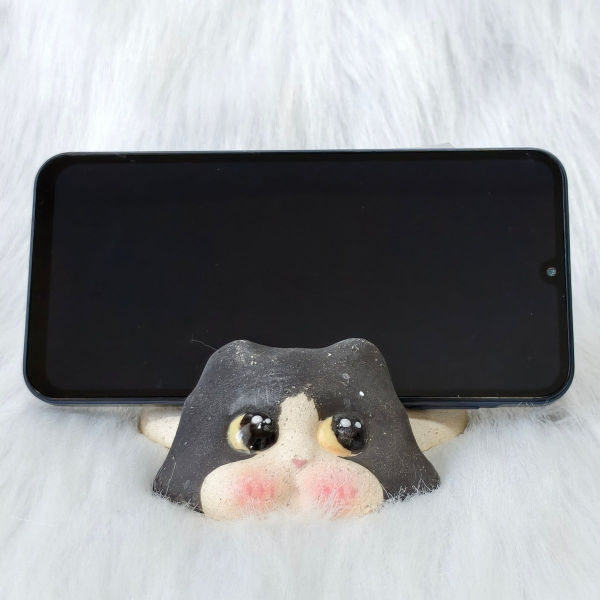 Handmade Ceramic Cat Phone Stand | Black and White Tuxedo Cat, Gift for Cat Lovers