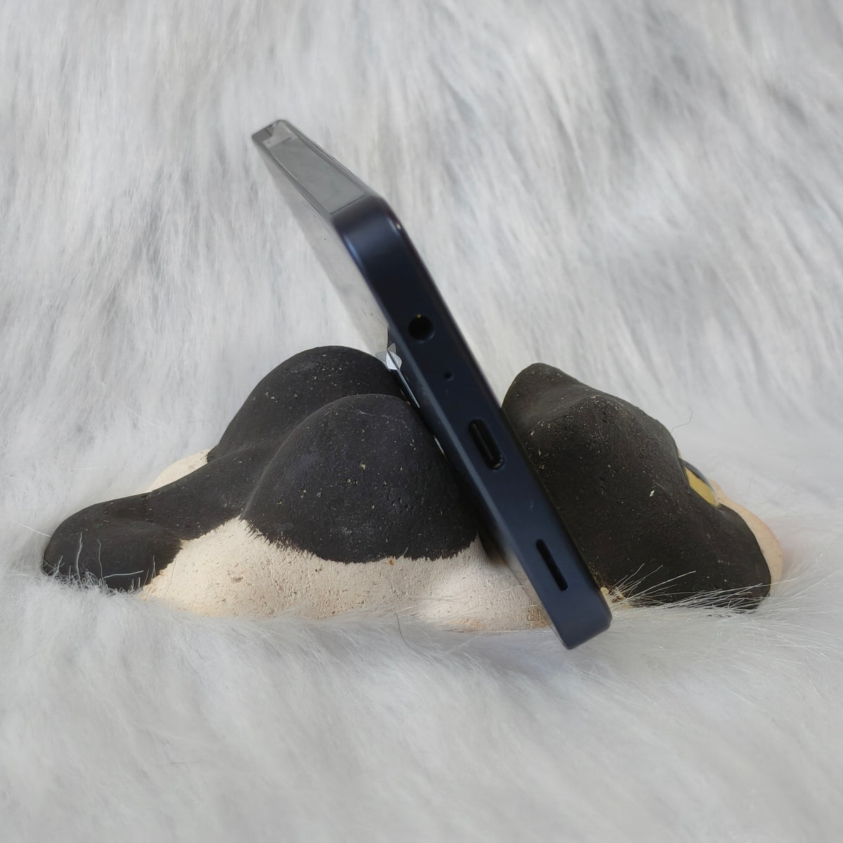 Handmade Ceramic Cat Phone Stand | Black and White Tuxedo Cat, Gift for Cat Lovers