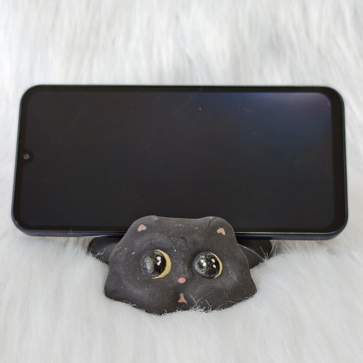 Handmade Ceramic Cat Phone Stand | Black Cat, Gift for Cat Lovers
