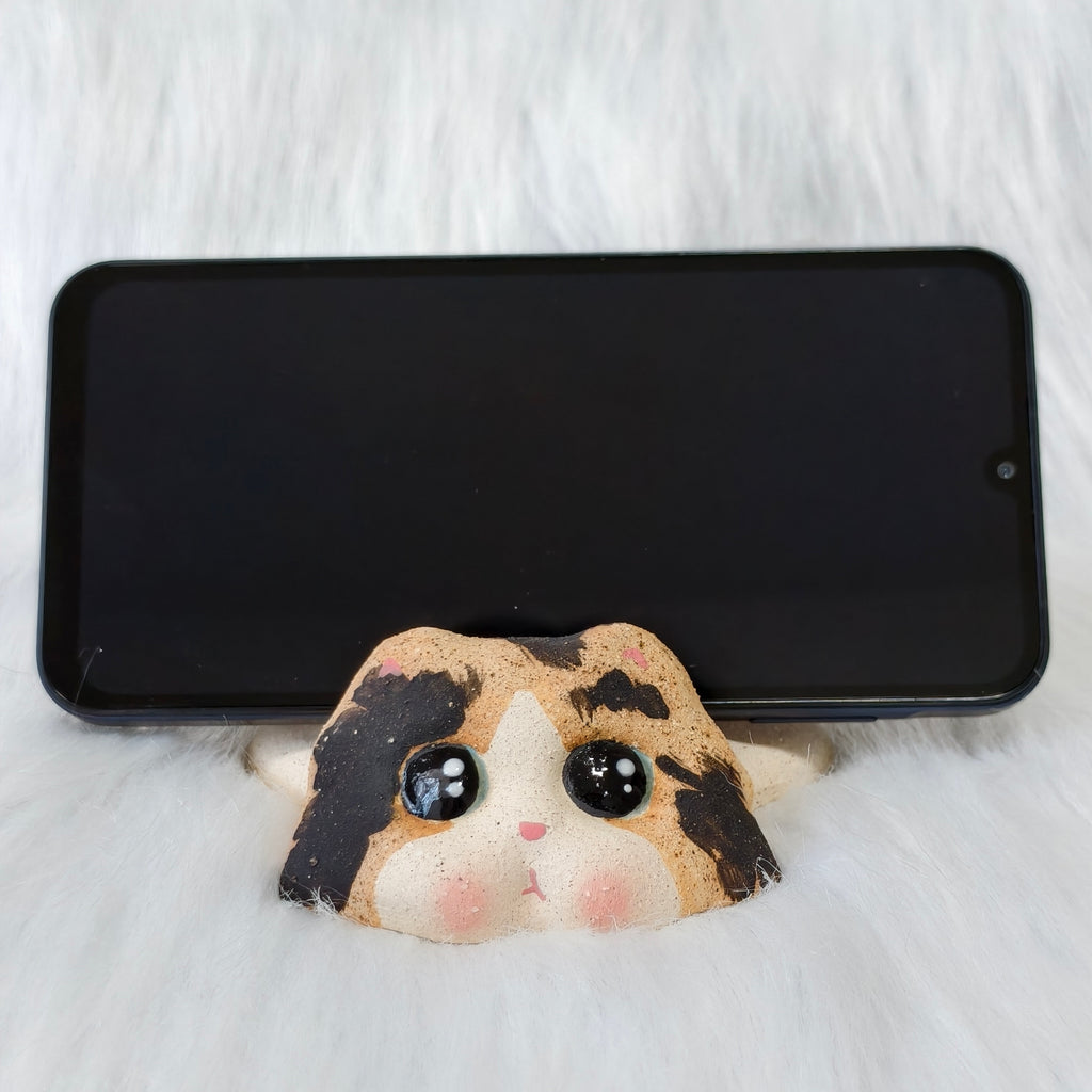 Handmade Ceramic Cat Phone Stand | Calico Cat, Gift for Cat Lovers
