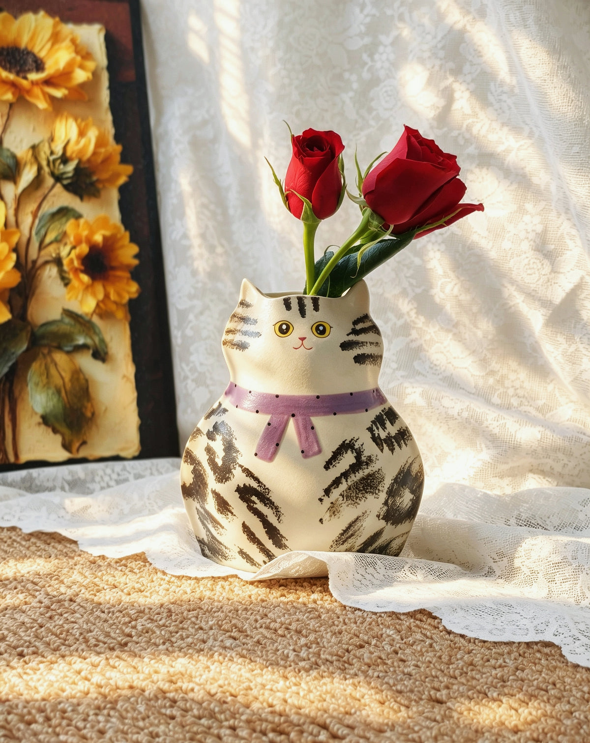 Handmade Ceramic Cat Vase| Cute Chubby Cat Vase, Cat Lover Gift - Grey Tabby