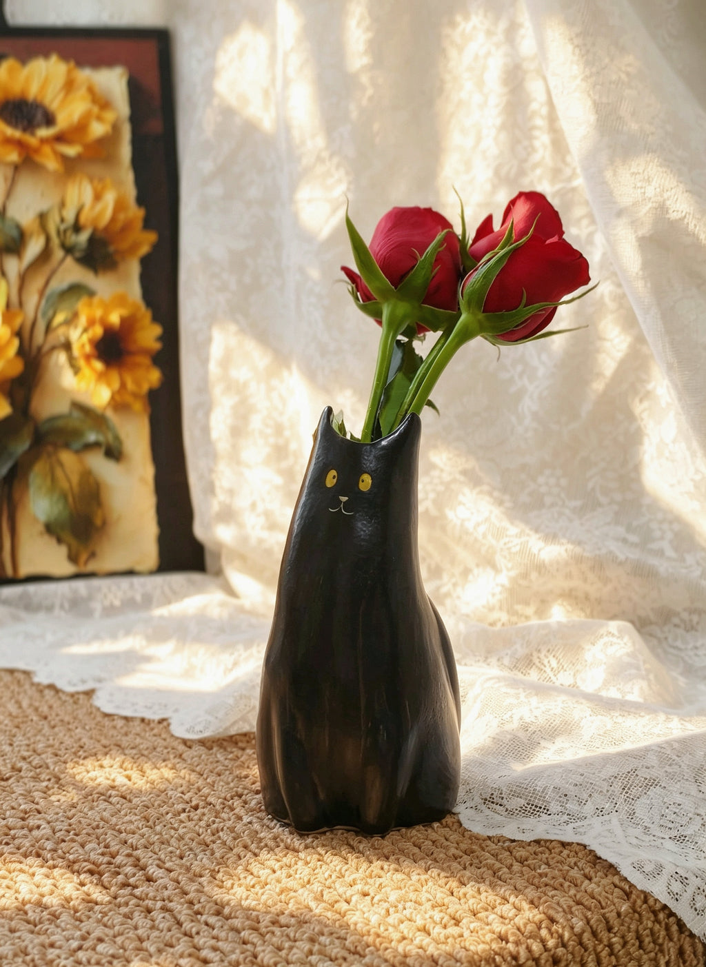 Handmade Ceramic Cat Vase | Tall Flower Vase, Cat Lover Gift - Black