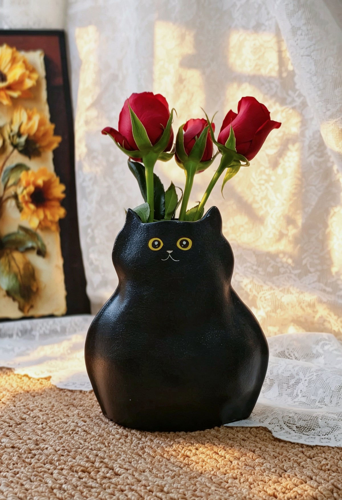 Handmade Ceramic Cat Vase| Cute Chubby Cat Vase, Cat Lover Gift - Black