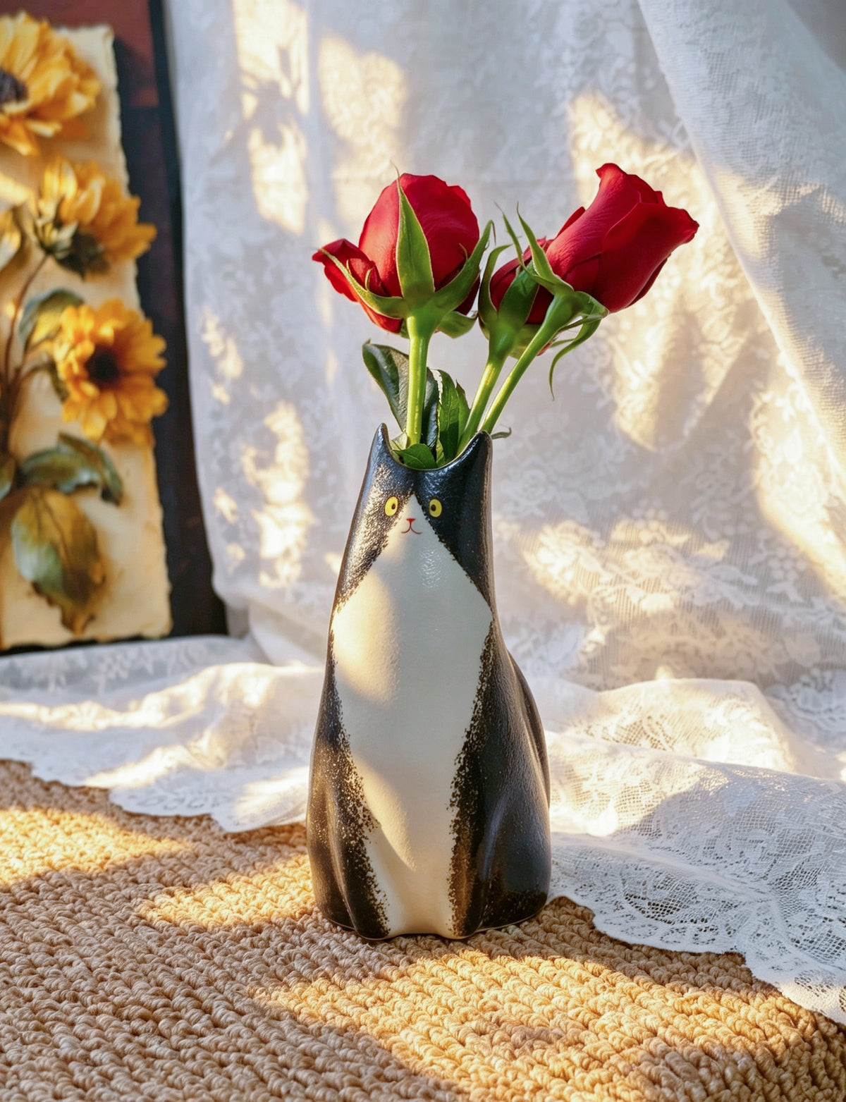 Handmade Ceramic Cat Vase | Tall Flower Vase, Cat Lover Gift - Cow Cat