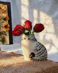 Handmade Ceramic Cat Vase | Vintage Brushstroke Design, Cat Lover Gift - Grey Tabby