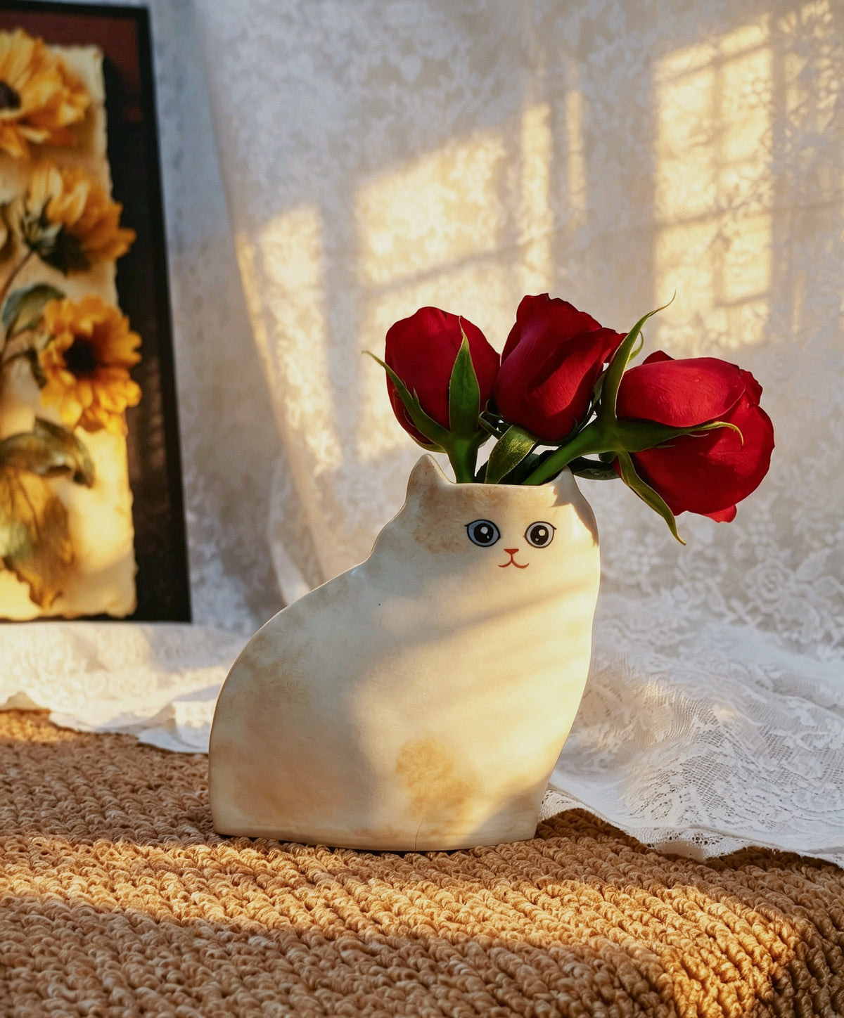 Handmade Ceramic Cat Vase | Vintage Brushstroke Design, Cat Lover Gift - White