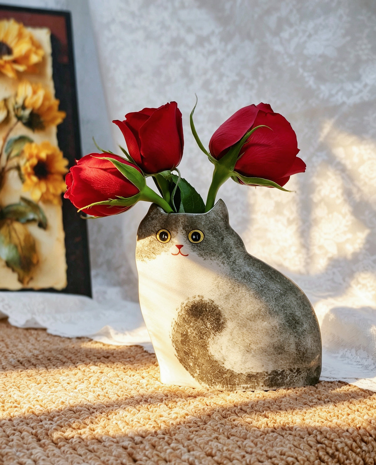 Handmade Ceramic Cat Vase | Sitting Cat, Cat Lover Gift - Grey Tabby with White