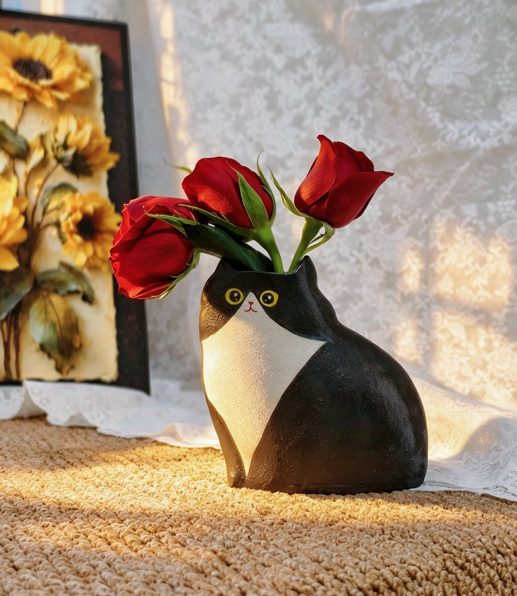 Handmade Ceramic Cat Vase | Sitting Cat, Cat Lover Gift - Cow Cat