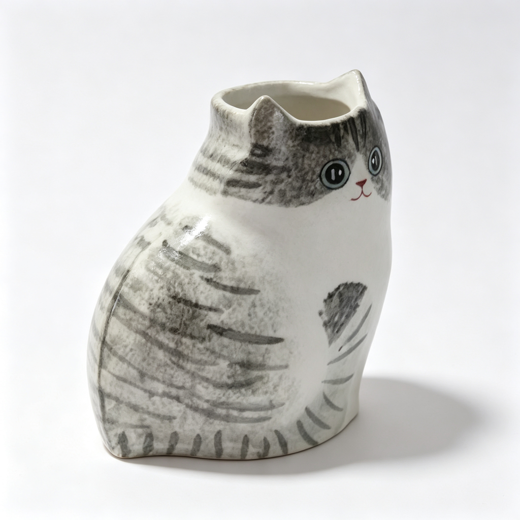Handmade Ceramic Cat Vase | Vintage Brushstroke Design, Cat Lover Gift
