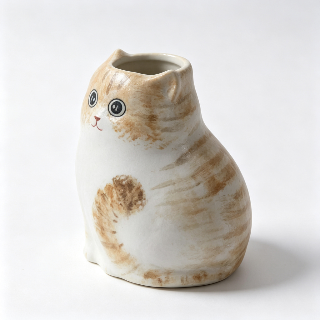 Handmade Ceramic Cat Vase | Vintage Brushstroke Design, Cat Lover Gift