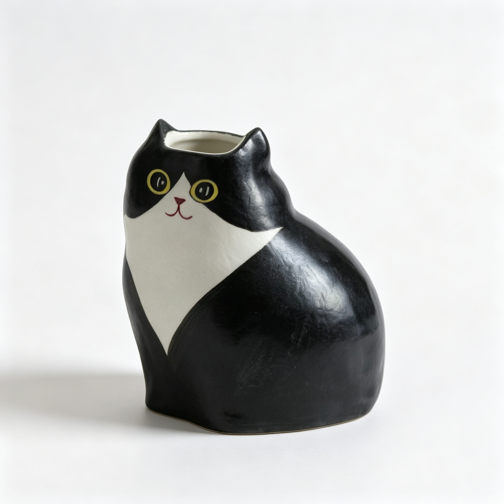 Handmade Ceramic Cat Vase | Vintage Brushstroke Design, Cat Lover Gift