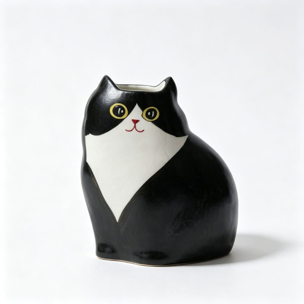 Handmade Ceramic Cat Vase | Vintage Brushstroke Design, Cat Lover Gift