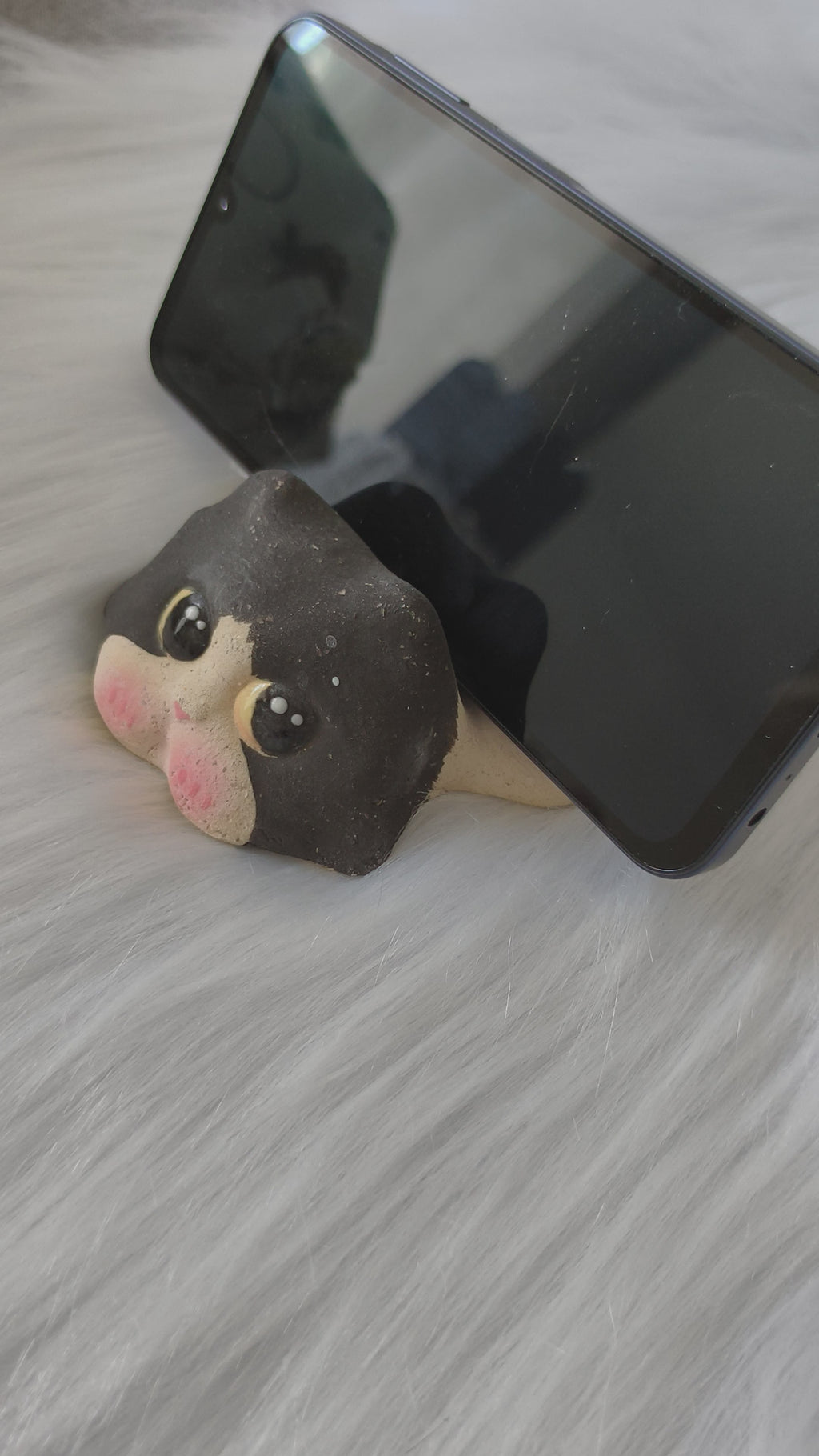 Handmade Ceramic Cat Phone Stand | Black and White Tuxedo Cat, Gift for Cat Lovers