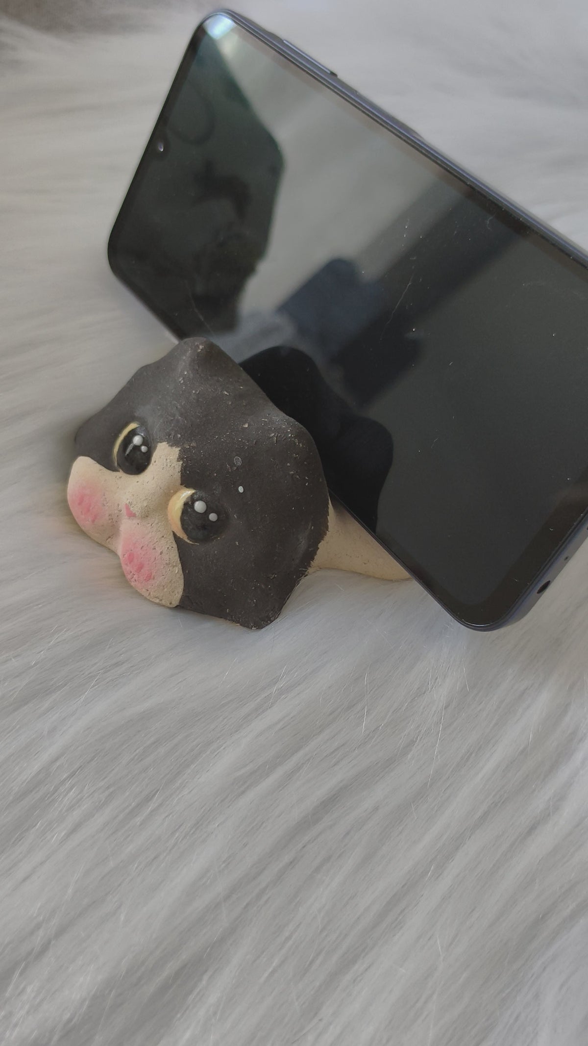Handmade Ceramic Cat Phone Stand | Black and White Tuxedo Cat, Gift for Cat Lovers