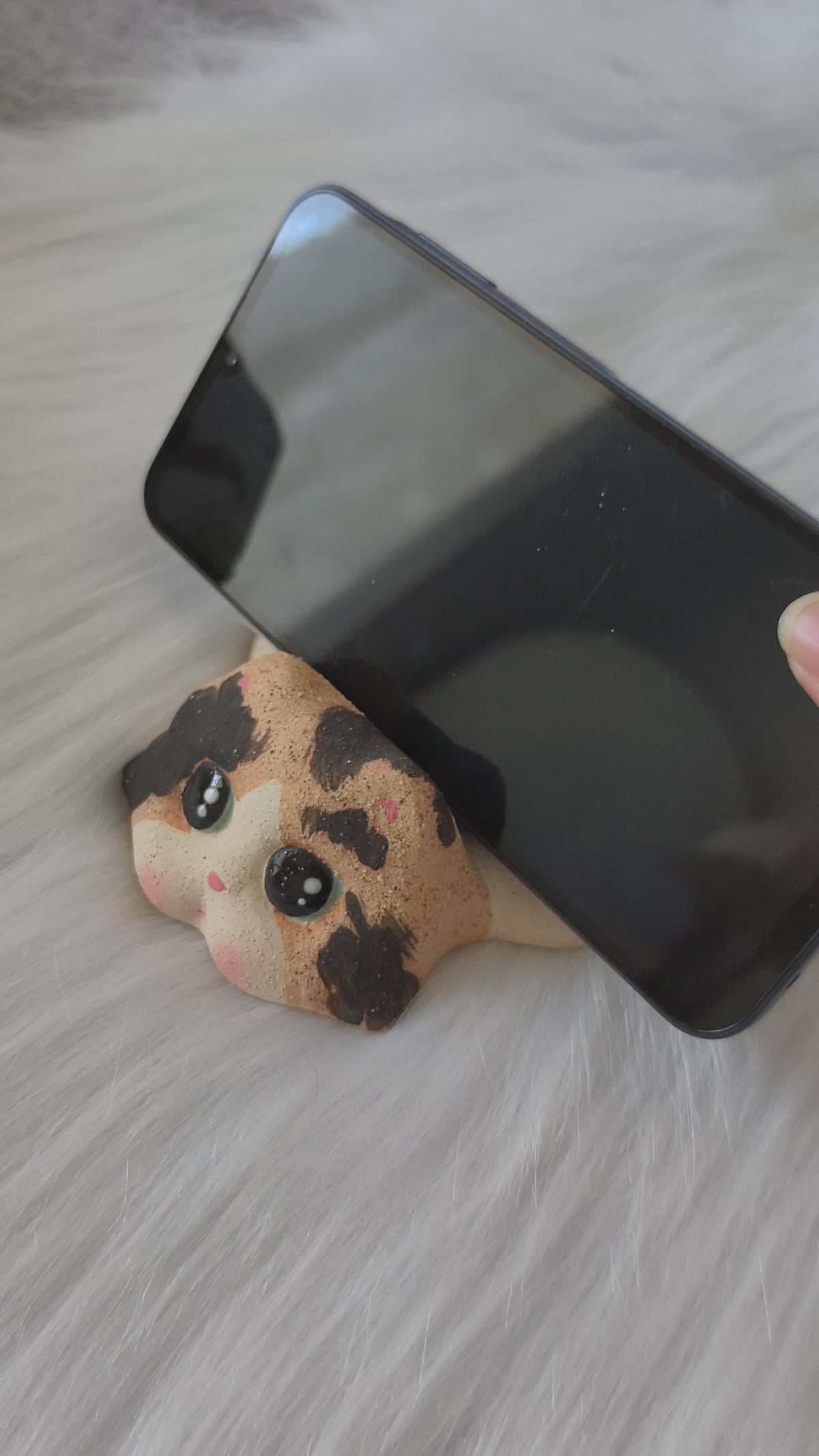 Handmade Ceramic Cat Phone Stand | Calico Cat, Gift for Cat Lovers